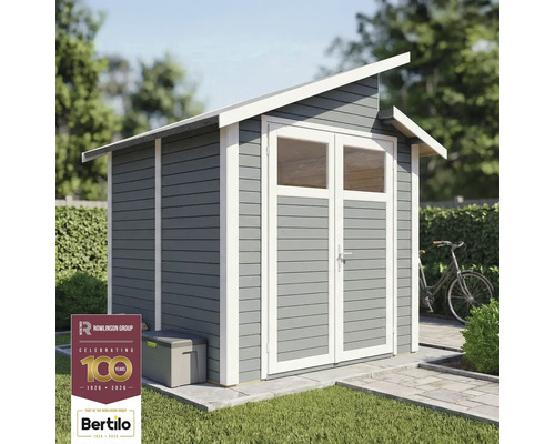 Abri de jardin avec toit monopente, façade en bois gris et double porte avec fenêtres.