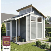 Abri de jardin avec double porte, fenêtre et stockage du bois sous l'avant-toit