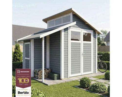 Abri de jardin avec double porte, fenêtre et stockage du bois sous l'avant-toit