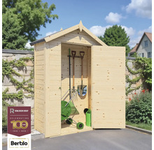 Armoire de jardin en bois avec porte ouverte et outils de jardin