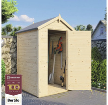 Abri de jardin en bois avec portes ouvertes et outils de jardin à l'intérieur