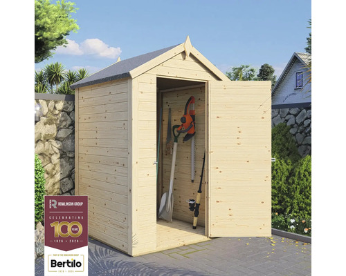 Abri de jardin en bois avec portes ouvertes et outils de jardin à l'intérieur