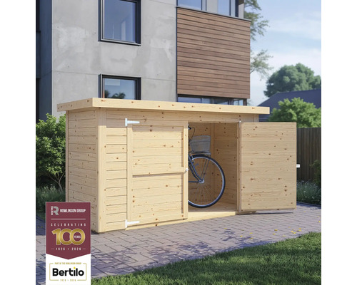 Abri à vélos en bois avec portes ouvertes et un vélo à l'intérieur, logo Rowlinson Group, logo Bertilo