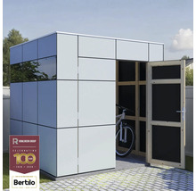 Abri de jardin moderne avec porte ouverte et vélo à l'intérieur