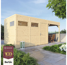 Abri de jardin en bois avec fenêtres et terrasse couverte avec mobilier de jardin