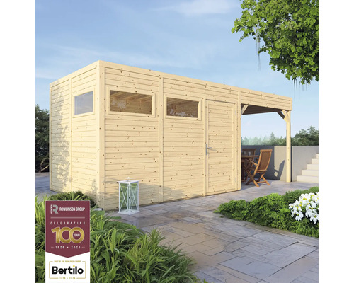 Abri de jardin en bois avec fenêtres et terrasse couverte avec mobilier de jardin