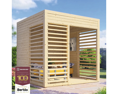 Quadratischer Holzpavillon mit Lamellenwänden für den Garten