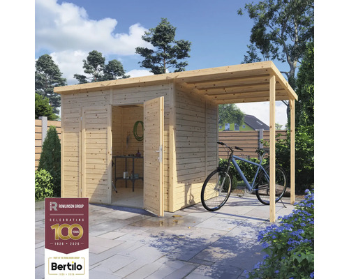 Abri de jardin en bois avec portes ouvertes et espace de rangement couvert pour un vélo