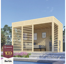 Holzgartenhaus mit Lamellenwänden und Inneneinrichtung