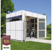 Modernes Gartenhaus mit Fahrrädern und Regalen