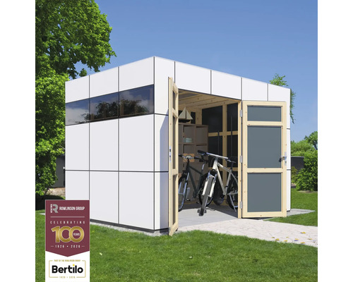 Modernes Gartenhaus mit Fahrrädern und Regalen