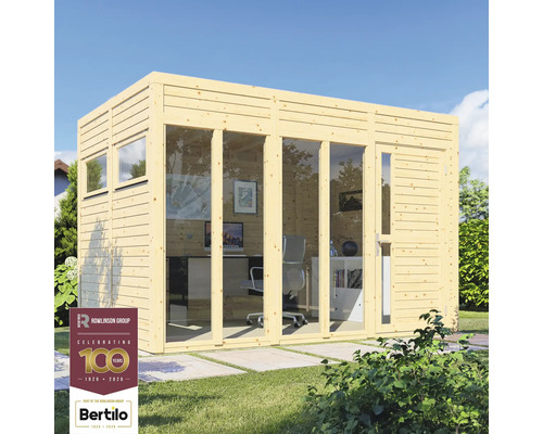 Bureau de jardin moderne en bois avec façade en verre et mobilier de bureau