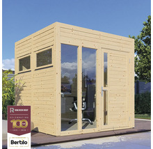 Bureau de jardin en bois avec fenêtres et porte, ainsi que le logo Rowlinson Group et le logo Bertilo.