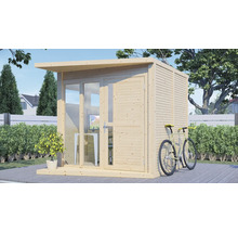 Abri de jardin en bois avec vélo dans le jardin