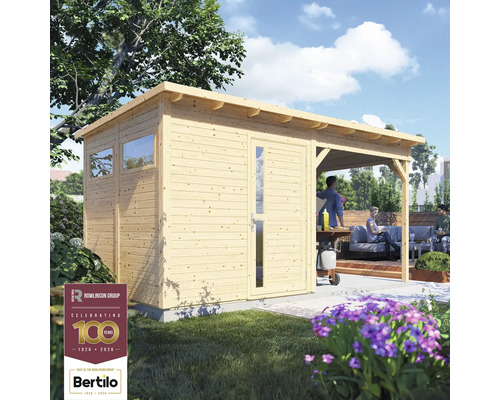 Holzgartenhaus mit Veranda und Rowlinson Group Logo