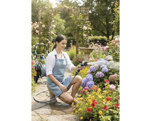 Femme arrosant des fleurs avec un pistolet d'arrosage dans un jardin fleuri.