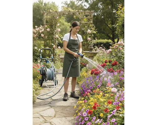 Femme arrosant des fleurs avec un tuyau d'arrosage à côté d'un chariot à tuyau dans un jardin fleuri.
