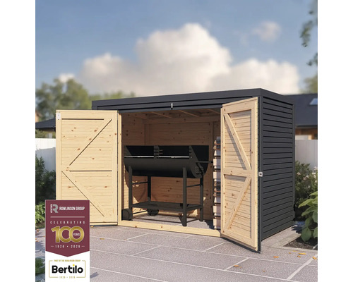 Abri de jardin avec portes en bois ouvertes et barbecue