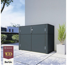 Dunkelgrauer Geräteschrank mit zwei Türen für den Aussenbereich auf einer Terrasse, mit Rowlinson Group Logo