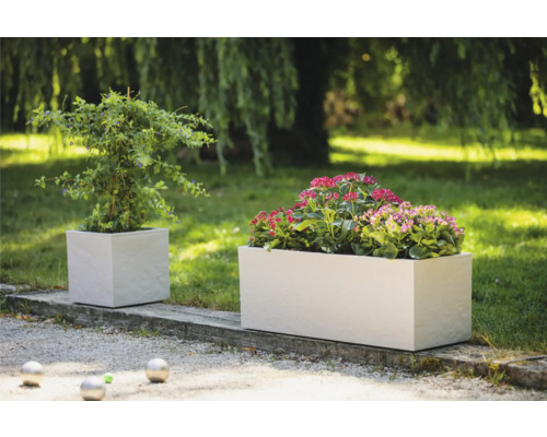 Zwei bepflanzte, würfelförmige Pflanzkübel im Garten