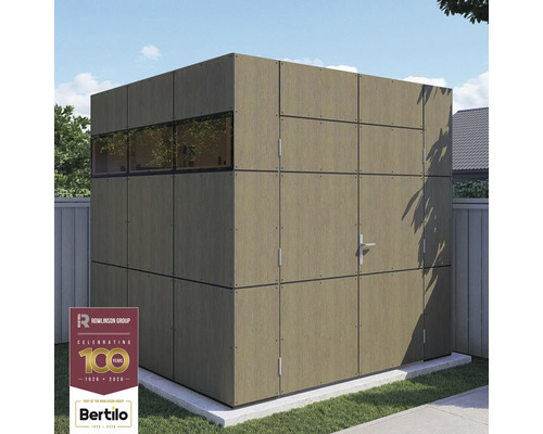 Abri de jardin avec fenêtres et porte en panneaux de bois