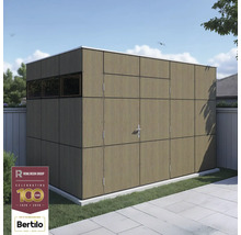 Abri de jardin avec fenêtre et double porte dans un jardin