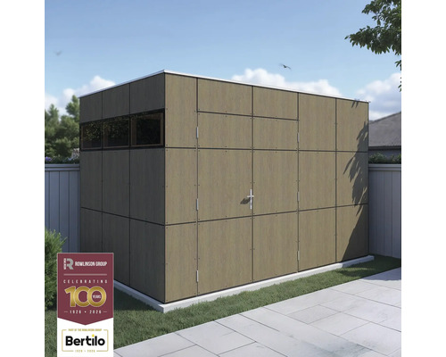 Abri de jardin avec fenêtre et double porte dans un jardin