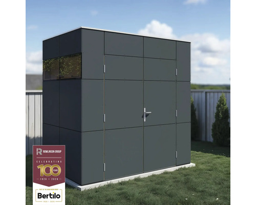 Abri de jardin gris avec fenêtre et porte dans le jardin