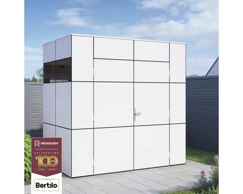 Abri de jardin blanc avec porte dans le jardin