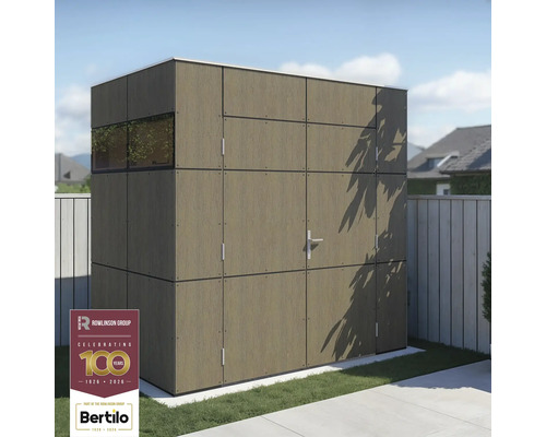 Armoire de jardin en bois avec fenêtre et porte sur une pelouse