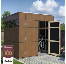 Abri de jardin moderne en bois avec porte ouverte et un vélo à l'intérieur