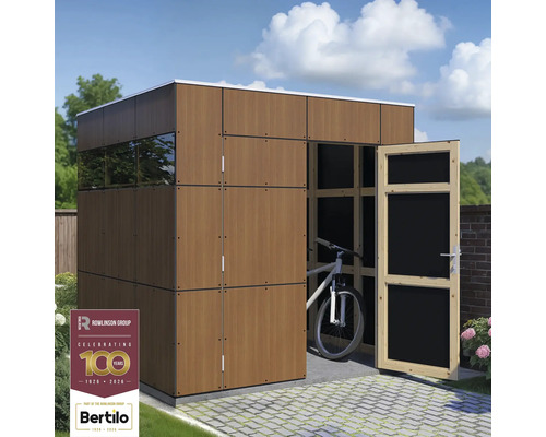 Abri de jardin moderne en bois avec porte ouverte et un vélo à l'intérieur