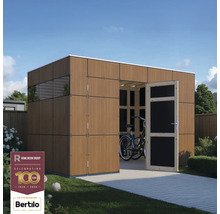 Abri de jardin moderne en bois avec porte ouverte et un vélo à l'intérieur