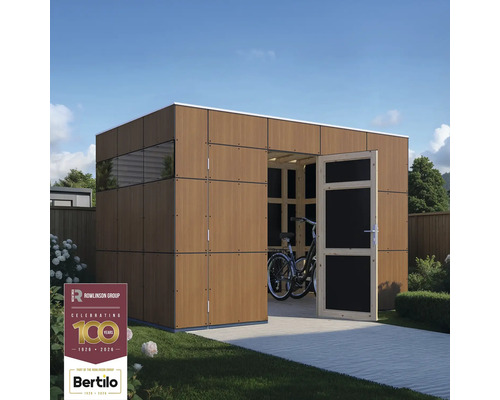 Abri de jardin moderne en bois avec porte ouverte et un vélo à l'intérieur