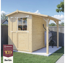 Abri de jardin en bois avec auvent et brouette