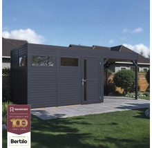 Abri de jardin avec toit plat et auvent latéral sur une pelouse