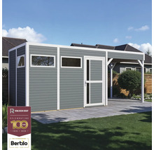 Abri de jardin gris avec cadre blanc, fenêtres et véranda couverte