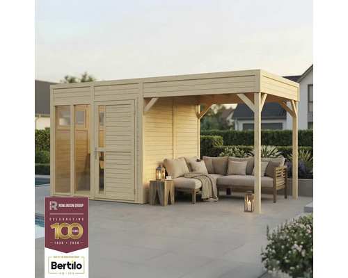 Pièce de jardin avec coin salon et remise à outils en bois