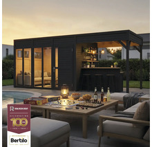 Abri de jardin avec bar et table de jeux d'extérieur. Logo du groupe Rowlinson. Logo Bertilo.