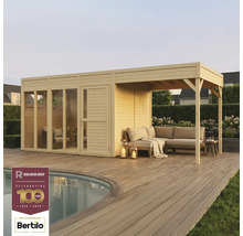 Maison de jardin en bois avec terrasse et mobilier de salon à côté d'une piscine