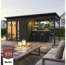 Abri de jardin avec bar, étagères, éclairage, table et coin salon extérieur