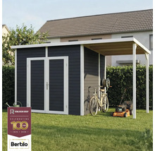 Scène de jardin avec abri de jardin, vélo et tondeuse à gazon