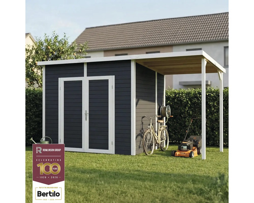 Scène de jardin avec abri de jardin, vélo et tondeuse à gazon