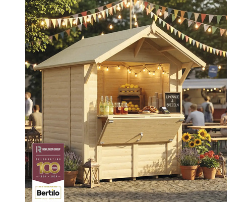 Stand de vente en bois avec boissons et bretzels sous des guirlandes lumineuses