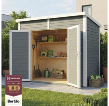 Abri de jardin avec portes ouvertes, étagères et outils de jardinage