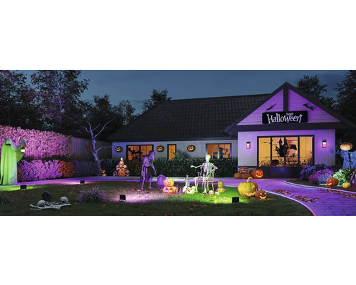 Haus mit Halloween Dekorationen im Garten