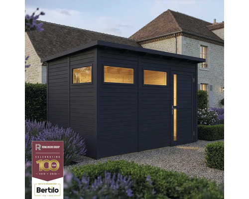 Gartenhaus Bertilo Pentus 3 inkl. Fußboden 359 x 266 cm anthrazit Dunkelgrauer Holzgarten Schuppen mit Flachdach, Tür und Fenstern im Garten