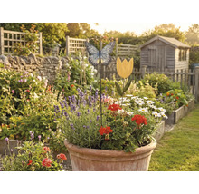 Gartenansicht mit Blumenbeet, Dekorationen und Gartenschuppen