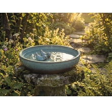 Fontaine à oiseaux avec figurine d'oiseau et moineau dans le jardin