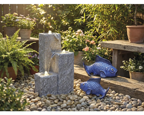 Scène de jardin avec fontaine en cascade, poissons décoratifs et plantes